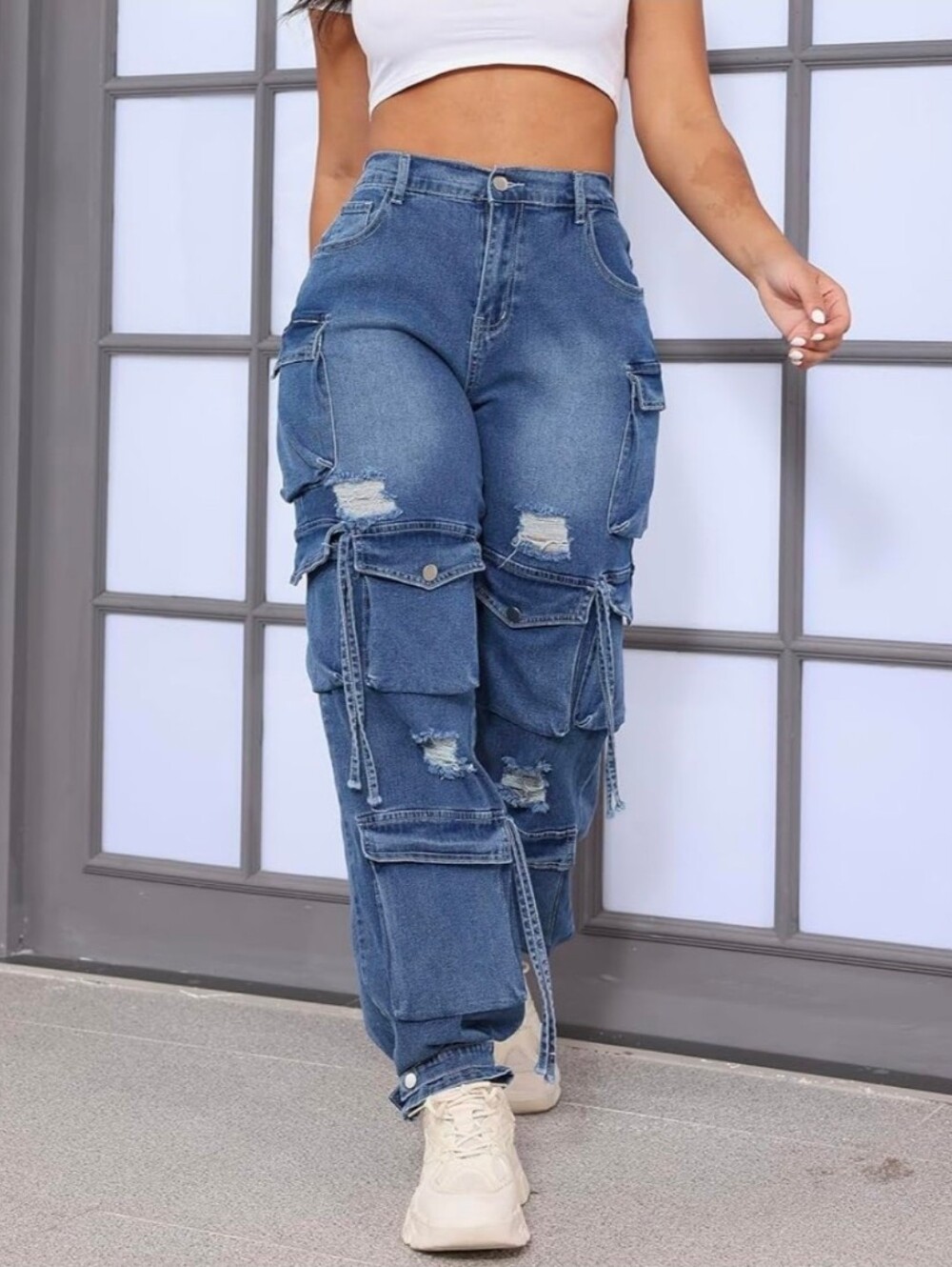ThusFar High Waist Baggy Cargo Jeans - Distressed Blue Denim - Picture 4 of 8